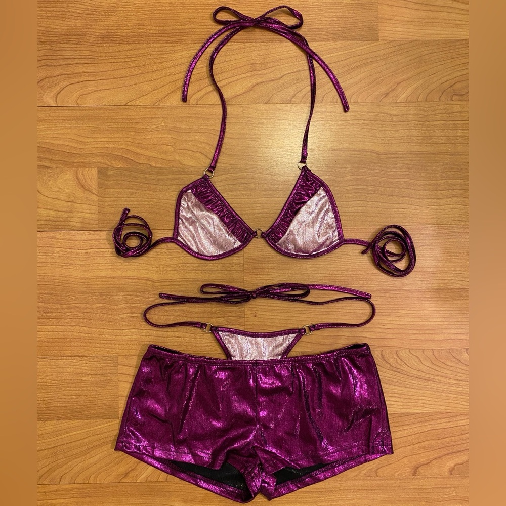 Purple Metallic Triangle Top & Faux Underwear Mini Short Festival Set
